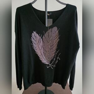 NWT - NT By Amati Black Rhinestone Feather Sweater Top Contemporary Beaded Desig